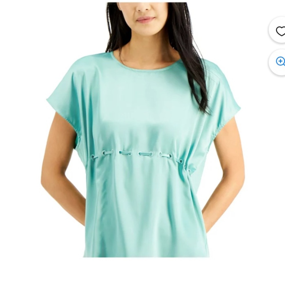 Alfani Aqua blue /green satin look mixed media drawstring blouse cap sleeve - Picture 3 of 9